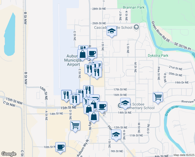 map of restaurants, bars, coffee shops, grocery stores, and more near 501 17th Street Northeast in Auburn