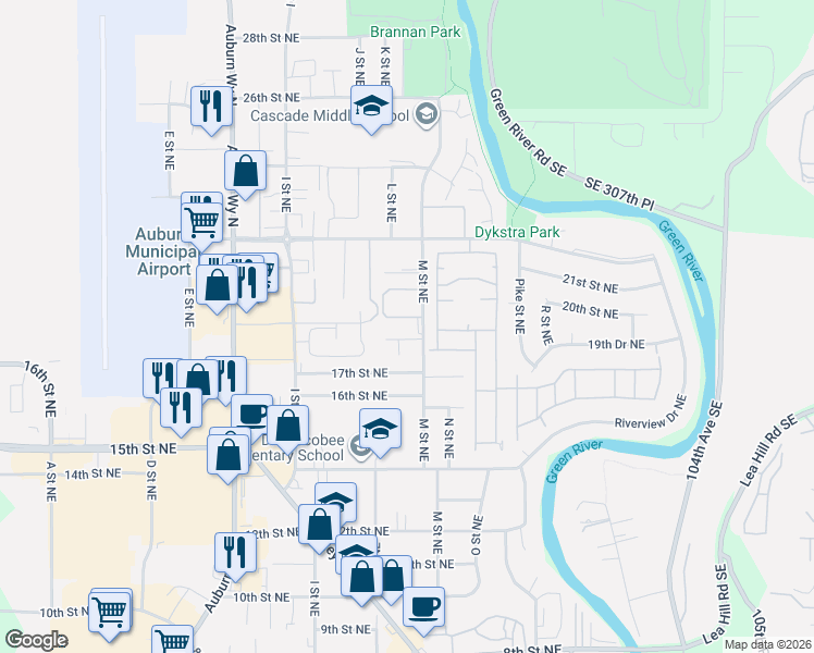 map of restaurants, bars, coffee shops, grocery stores, and more near 1821 M Street Northeast in Auburn