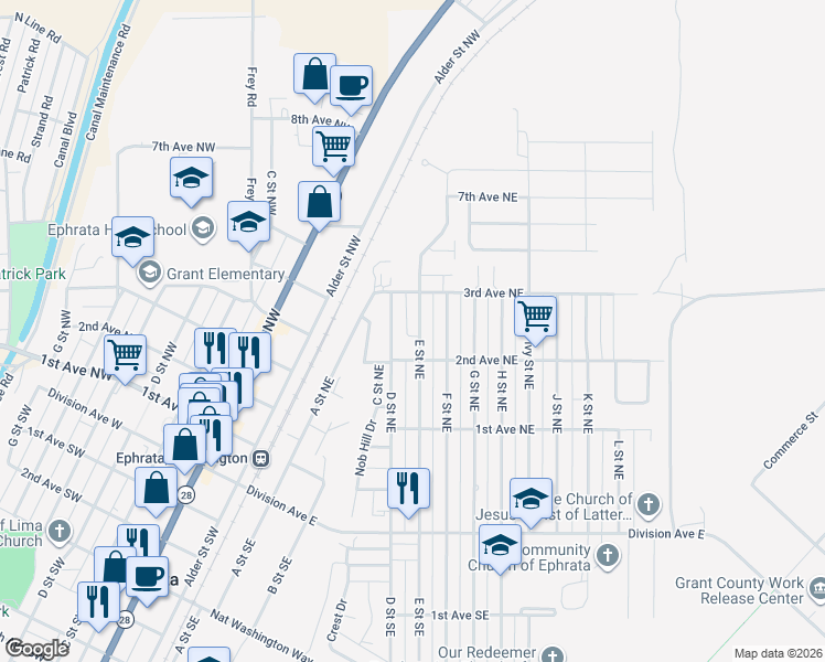 map of restaurants, bars, coffee shops, grocery stores, and more near 206 D Street Northeast in Ephrata