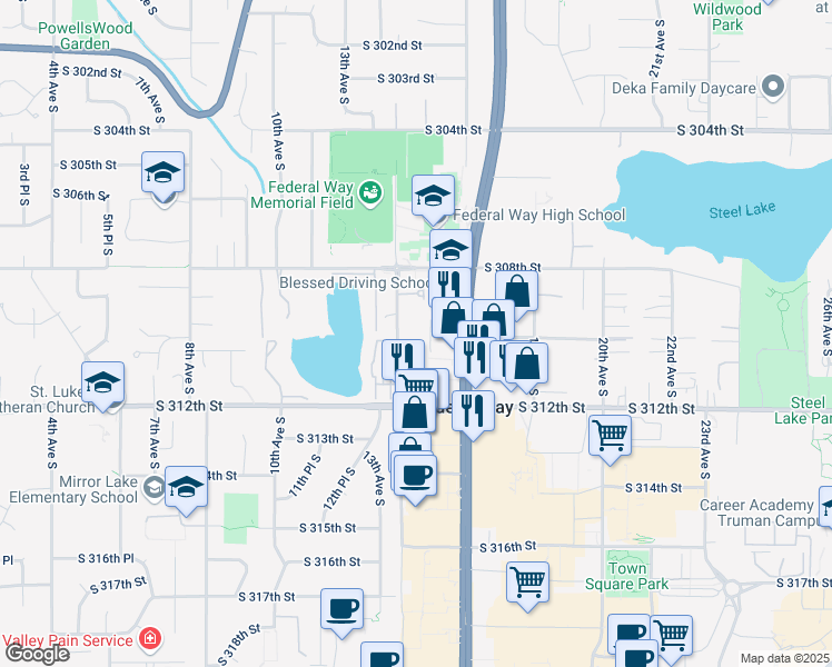 map of restaurants, bars, coffee shops, grocery stores, and more near 30823 14th Avenue South in Federal Way