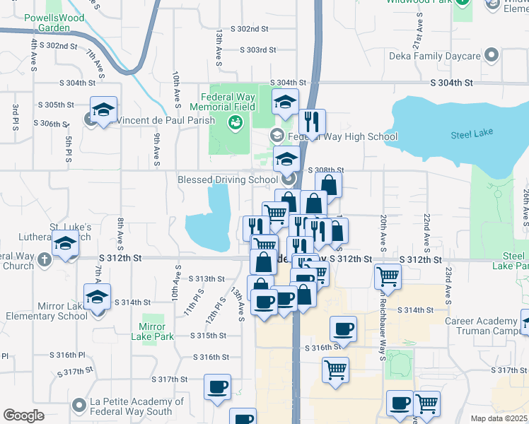 map of restaurants, bars, coffee shops, grocery stores, and more near 31002 14th Avenue South in Federal Way