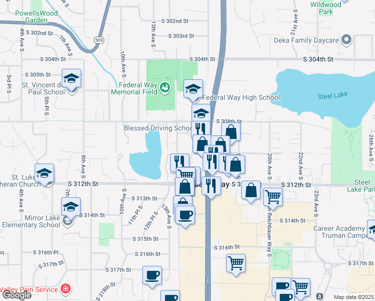 map of restaurants, bars, coffee shops, grocery stores, and more near 31002 14th Avenue South in Federal Way