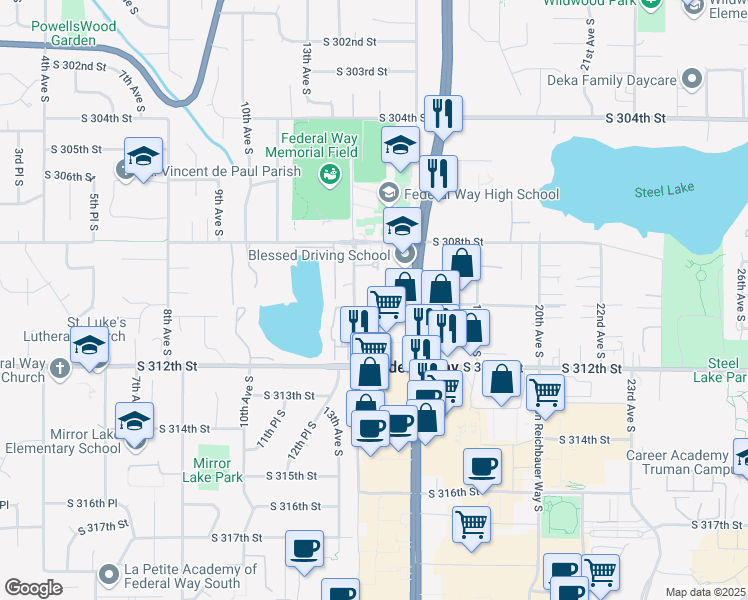 map of restaurants, bars, coffee shops, grocery stores, and more near 31002 14th Avenue South in Federal Way