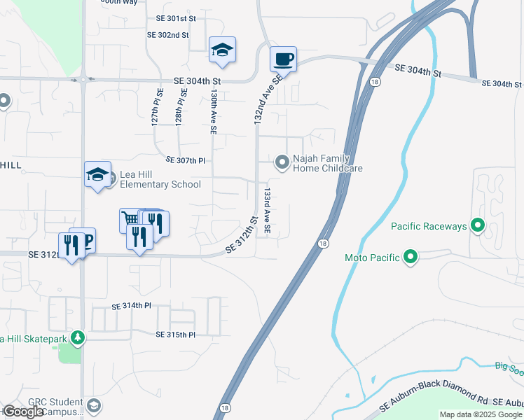 map of restaurants, bars, coffee shops, grocery stores, and more near 30953 133rd Avenue Southeast in Auburn
