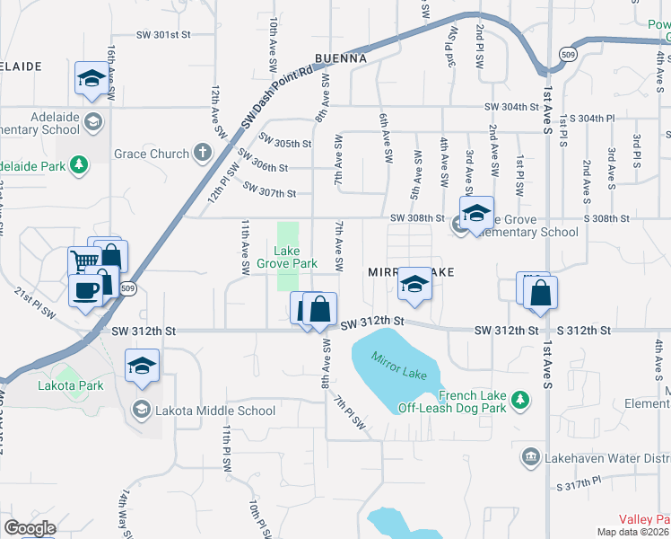 map of restaurants, bars, coffee shops, grocery stores, and more near 30834 7th Avenue Southwest in Federal Way