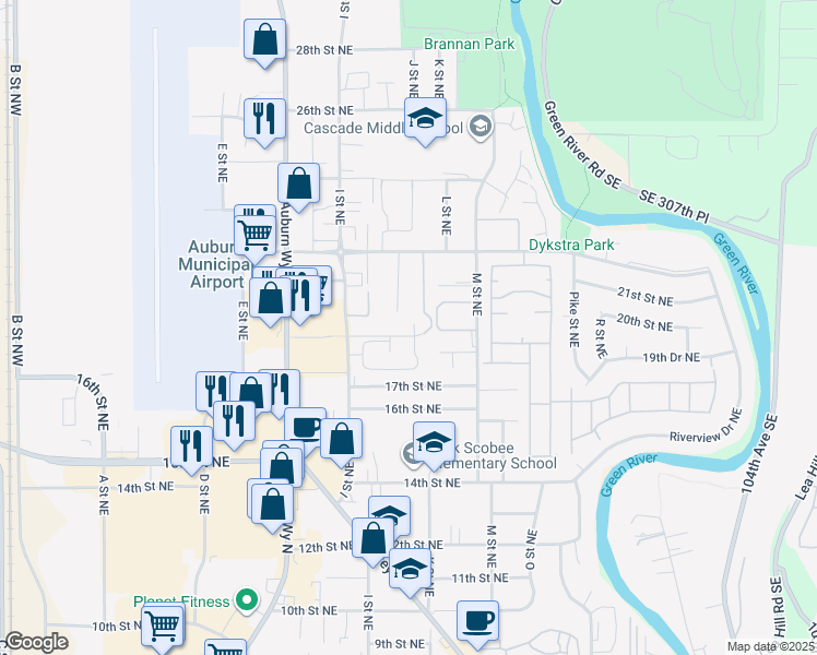 map of restaurants, bars, coffee shops, grocery stores, and more near 1019 18th Street Northeast in Auburn