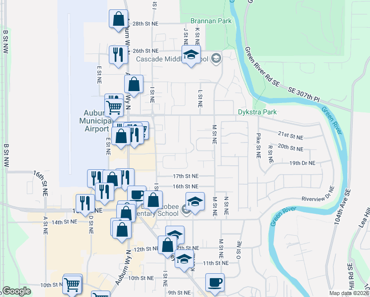 map of restaurants, bars, coffee shops, grocery stores, and more near 1019 18th Street Northeast in Auburn