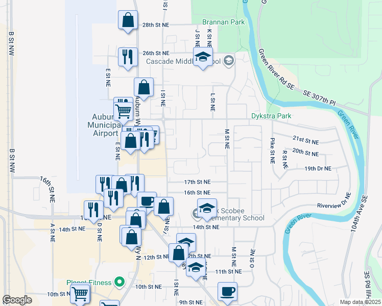 map of restaurants, bars, coffee shops, grocery stores, and more near 2016 J Street Northeast in Auburn