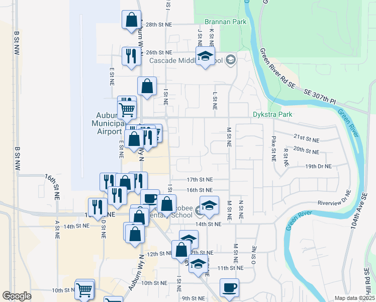 map of restaurants, bars, coffee shops, grocery stores, and more near 2016 J Street Northeast in Auburn