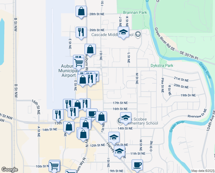 map of restaurants, bars, coffee shops, grocery stores, and more near 2014 I Street Northeast in Auburn