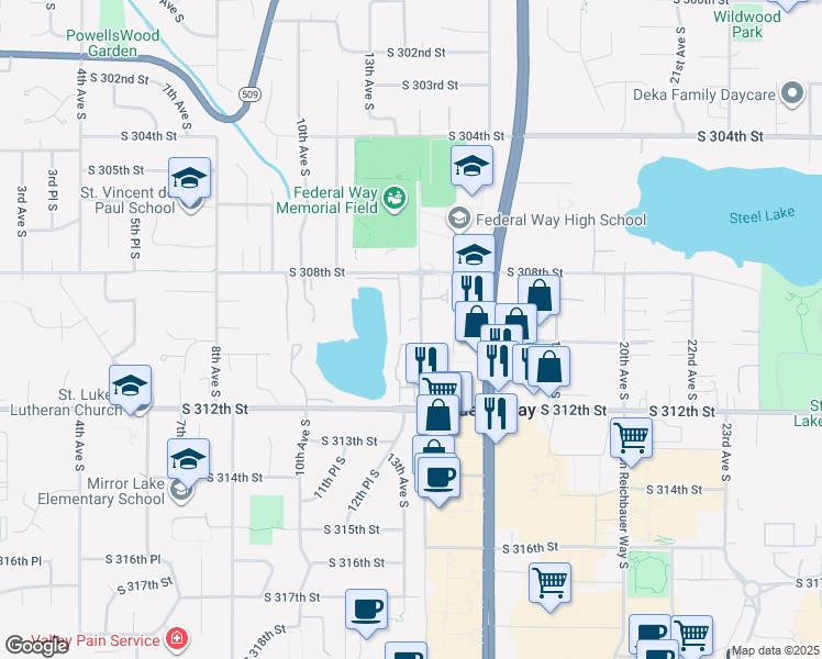 map of restaurants, bars, coffee shops, grocery stores, and more near 30823 14th Avenue South in Federal Way