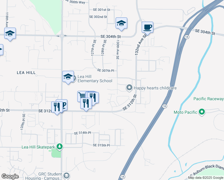 map of restaurants, bars, coffee shops, grocery stores, and more near Southeast 309th Place in Auburn