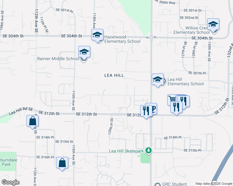 map of restaurants, bars, coffee shops, grocery stores, and more near 12012 Southeast 310th Street in Auburn