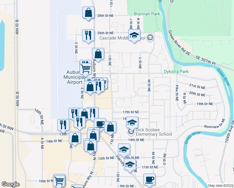 map of restaurants, bars, coffee shops, grocery stores, and more near 905 18th Street Northeast in Auburn