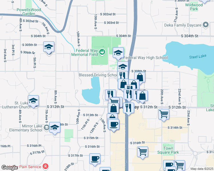map of restaurants, bars, coffee shops, grocery stores, and more near 30853 14th Avenue South in Federal Way