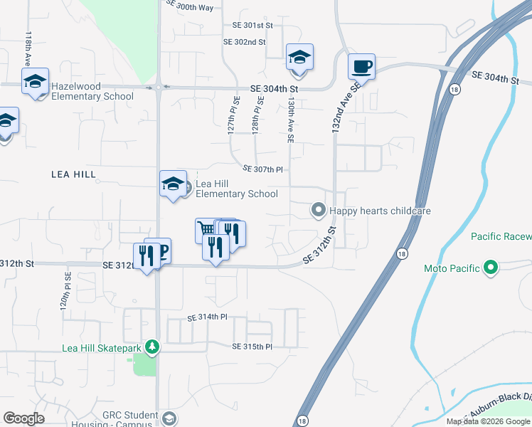 map of restaurants, bars, coffee shops, grocery stores, and more near 12917 Southeast 309th Place in Auburn