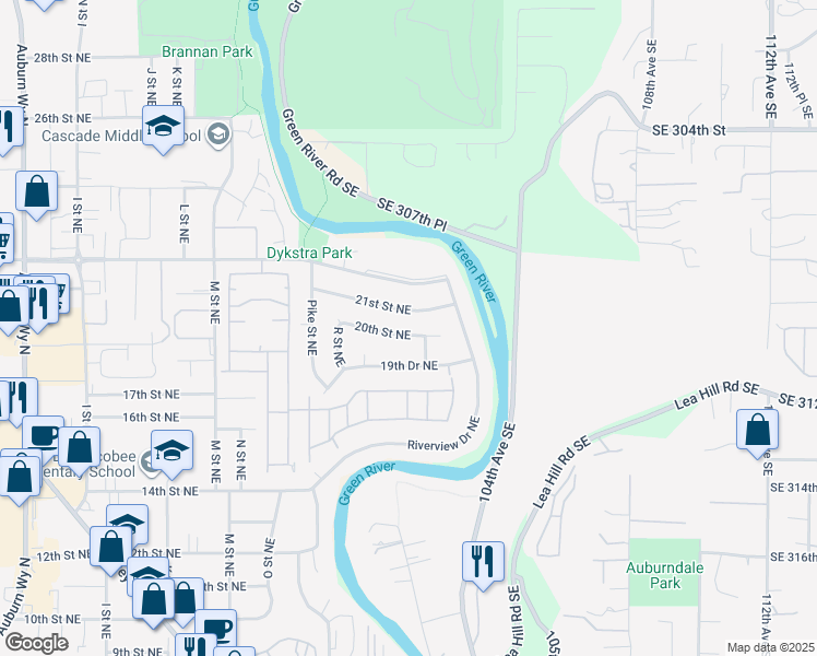 map of restaurants, bars, coffee shops, grocery stores, and more near 1801 20th Street Northeast in Auburn