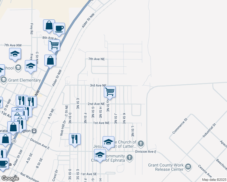 map of restaurants, bars, coffee shops, grocery stores, and more near 271 J Street Northeast in Ephrata