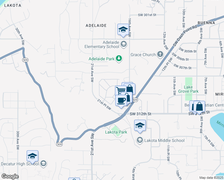 map of restaurants, bars, coffee shops, grocery stores, and more near 1710 Southwest 309th Street in Federal Way