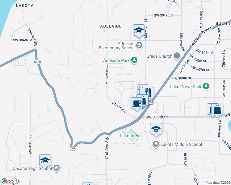 map of restaurants, bars, coffee shops, grocery stores, and more near 1909 Southwest 309th Place in Federal Way