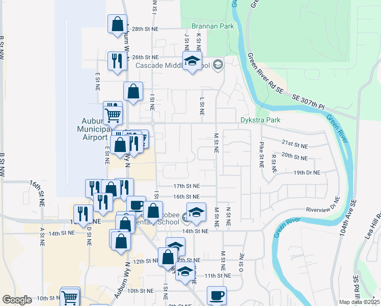 map of restaurants, bars, coffee shops, grocery stores, and more near 1921 K Street Northeast in Auburn