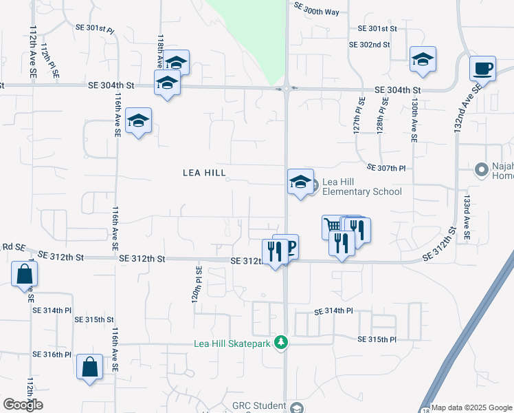 map of restaurants, bars, coffee shops, grocery stores, and more near 12226 Southeast 310th Street in Auburn
