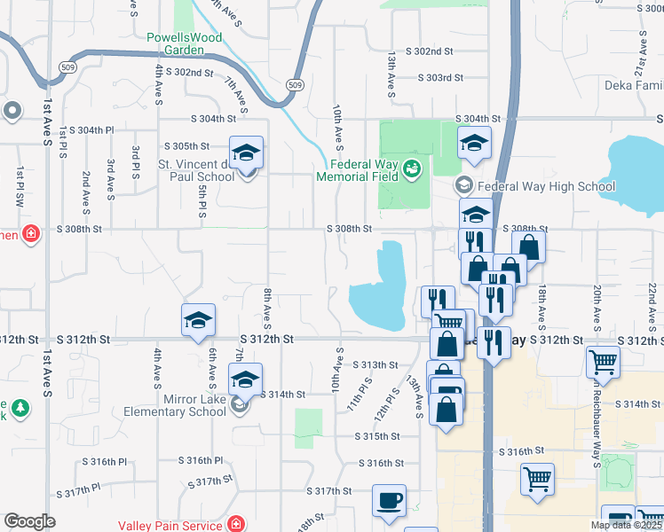 map of restaurants, bars, coffee shops, grocery stores, and more near 1003 South 308th Street in Federal Way