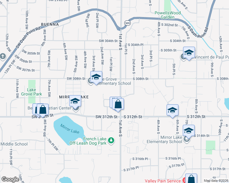map of restaurants, bars, coffee shops, grocery stores, and more near 30911 1st Avenue South in Federal Way