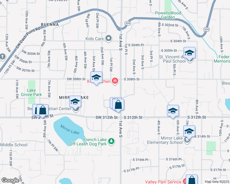 map of restaurants, bars, coffee shops, grocery stores, and more near 30911 1st Avenue South in Federal Way