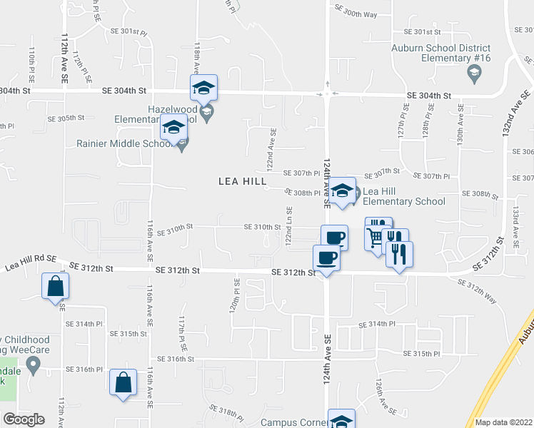 map of restaurants, bars, coffee shops, grocery stores, and more near 12130 Southeast 310th Street in Auburn