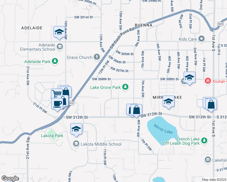 map of restaurants, bars, coffee shops, grocery stores, and more near 30900 11th Avenue Southwest in Federal Way