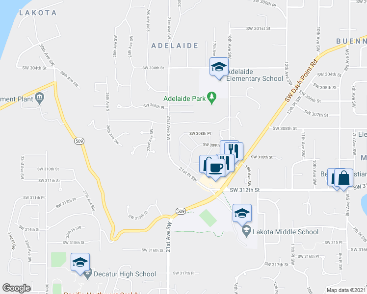 map of restaurants, bars, coffee shops, grocery stores, and more near 1909 Southwest 309th Place in Federal Way