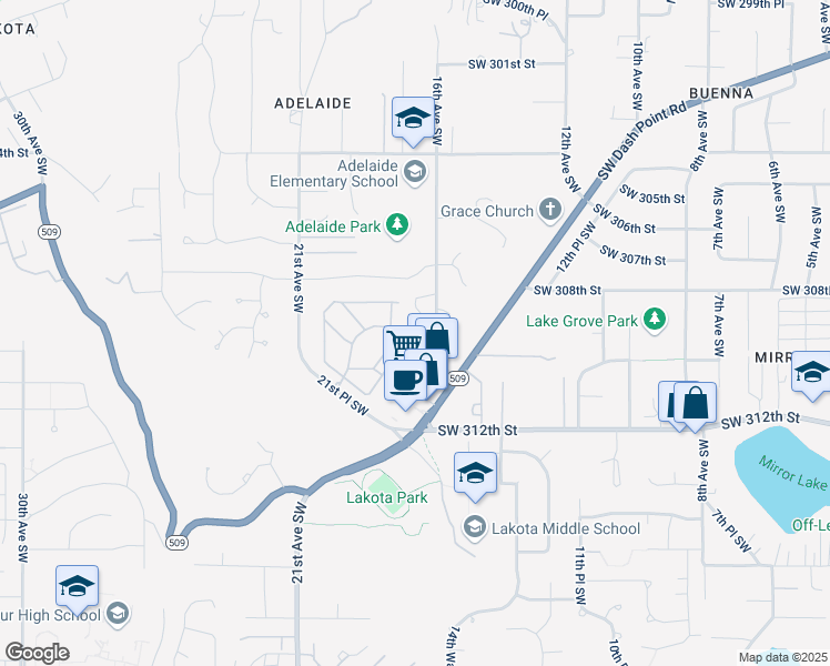 map of restaurants, bars, coffee shops, grocery stores, and more near 1617 Southwest 309th Street in Federal Way