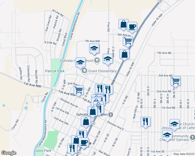 map of restaurants, bars, coffee shops, grocery stores, and more near 336 D Street Northeast in Ephrata