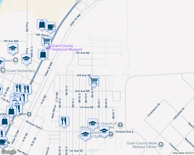 map of restaurants, bars, coffee shops, grocery stores, and more near 271 J Street Northeast in Ephrata