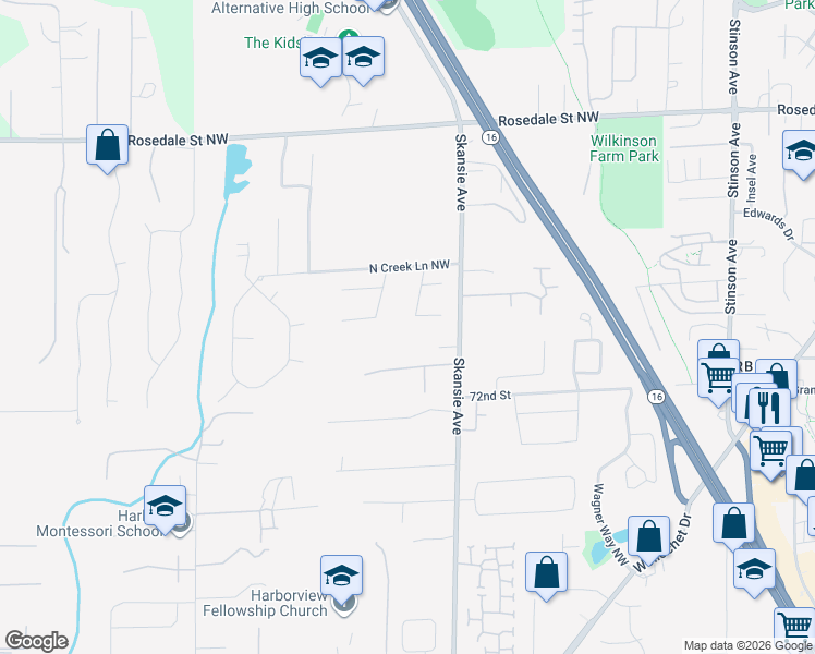 map of restaurants, bars, coffee shops, grocery stores, and more near 4716 Bear Creek Lane in Gig Harbor