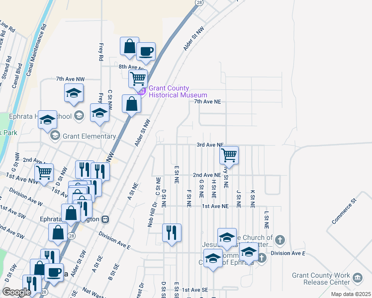 map of restaurants, bars, coffee shops, grocery stores, and more near 255 F St NE in Ephrata