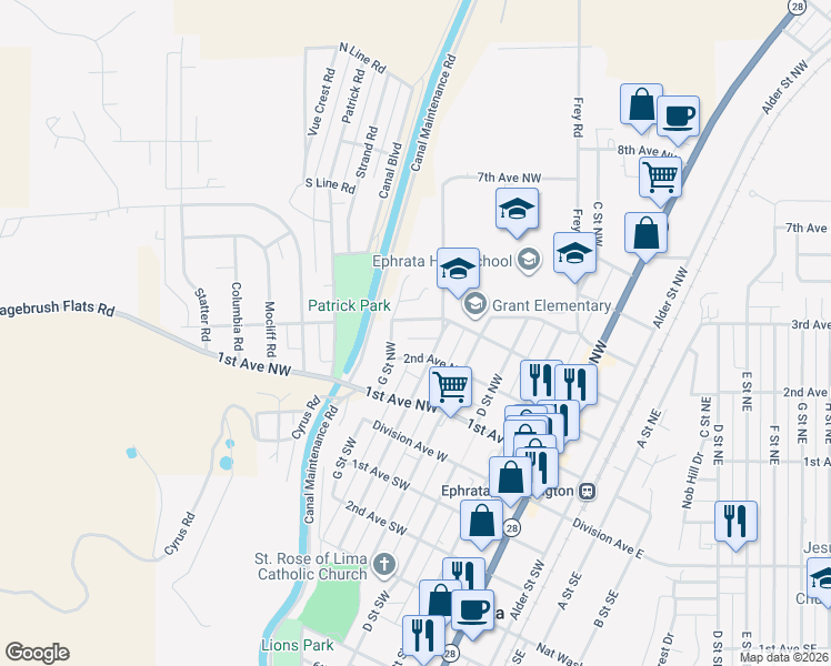 map of restaurants, bars, coffee shops, grocery stores, and more near 21 Junes Court in Ephrata