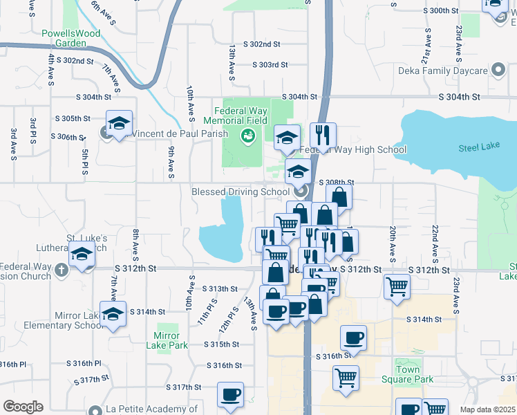 map of restaurants, bars, coffee shops, grocery stores, and more near 30823 14th Avenue South in Federal Way