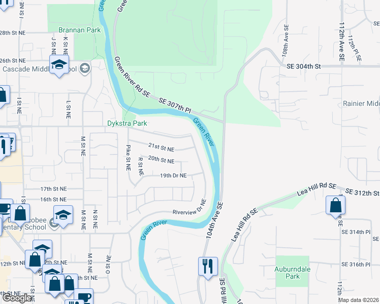 map of restaurants, bars, coffee shops, grocery stores, and more near 1910 21st Street Northeast in Auburn