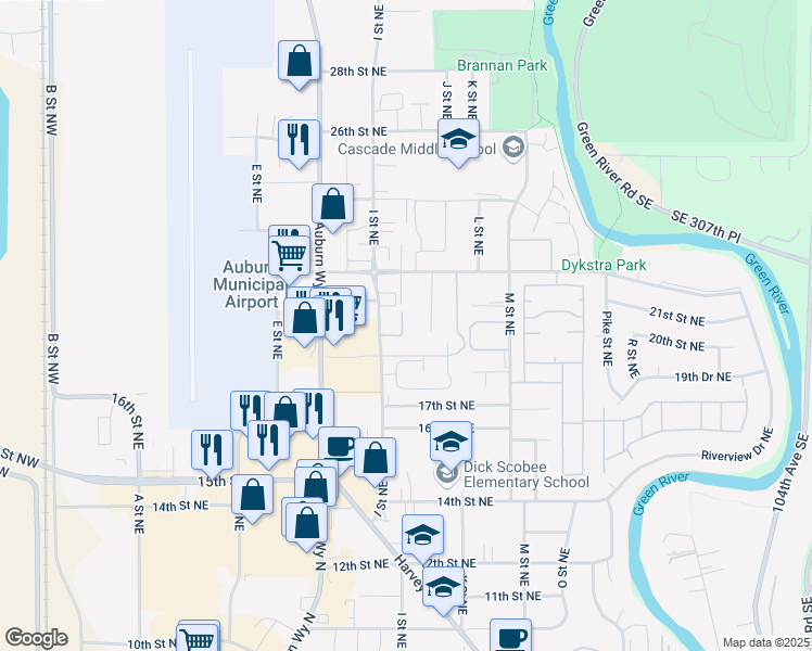 map of restaurants, bars, coffee shops, grocery stores, and more near 2014 I Street Northeast in Auburn