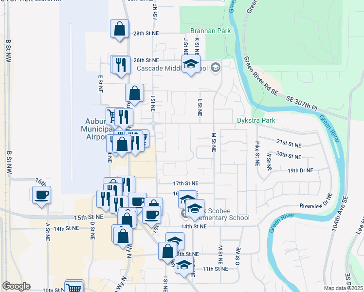 map of restaurants, bars, coffee shops, grocery stores, and more near 2016 J Street Northeast in Auburn