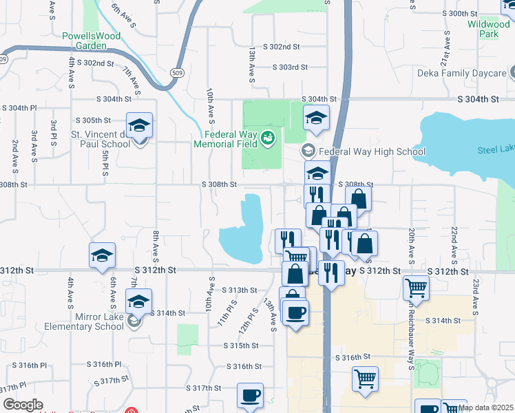 map of restaurants, bars, coffee shops, grocery stores, and more near 1227 South 308th Street in Federal Way