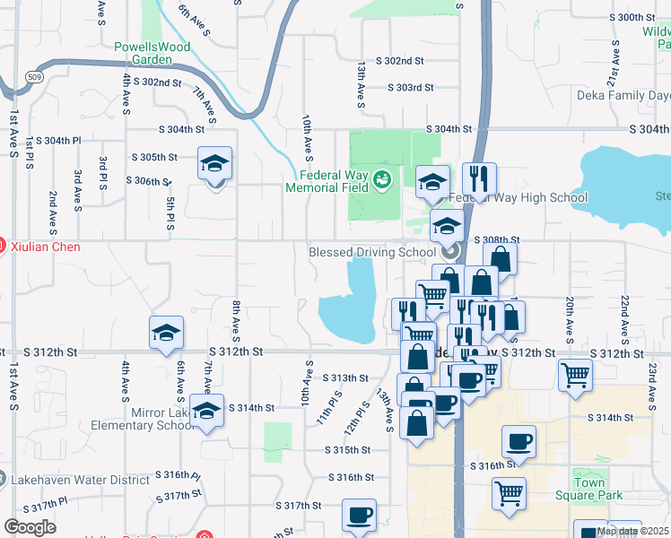 map of restaurants, bars, coffee shops, grocery stores, and more near 1045 South 308th Street in Federal Way