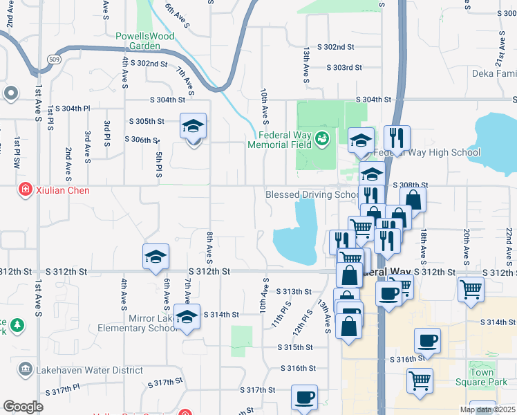 map of restaurants, bars, coffee shops, grocery stores, and more near 1003 South 308th Street in Federal Way