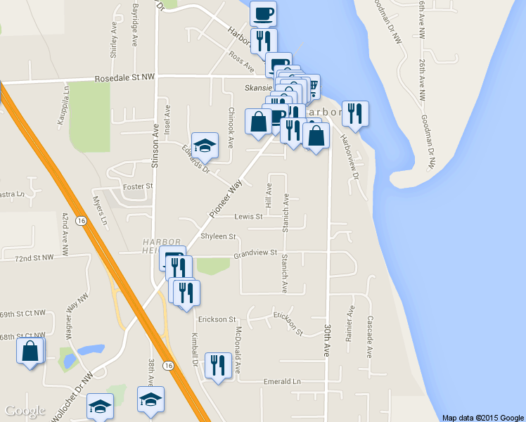 map of restaurants, bars, coffee shops, grocery stores, and more near 7320 Hill Avenue in Gig Harbor
