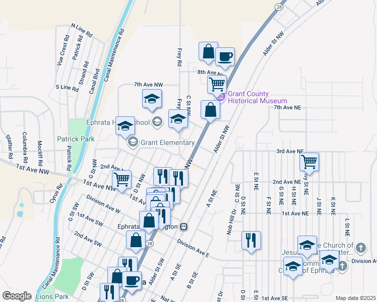 map of restaurants, bars, coffee shops, grocery stores, and more near 428 Basin Street Northwest in Ephrata