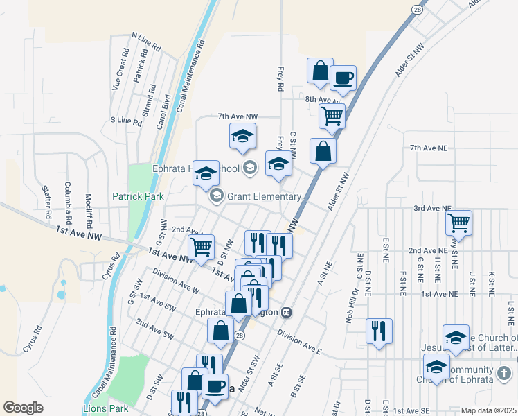 map of restaurants, bars, coffee shops, grocery stores, and more near 336 D Street Northeast in Ephrata