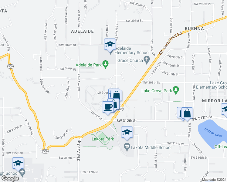 map of restaurants, bars, coffee shops, grocery stores, and more near 1617 Southwest 309th Street in Federal Way