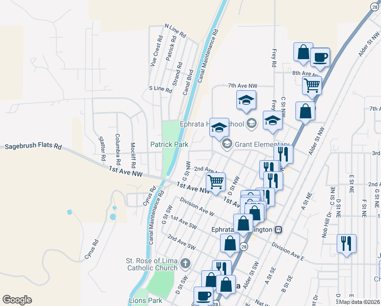 map of restaurants, bars, coffee shops, grocery stores, and more near 21 Junes Court in Ephrata